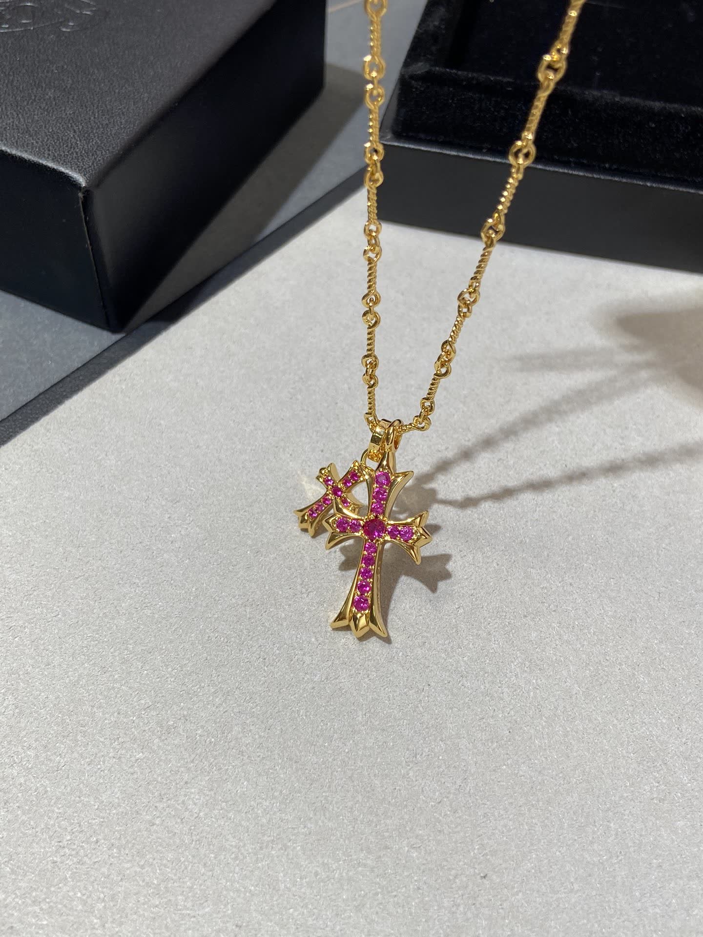Chrome Hearts Gold Cross Pendant Necklace with Pink Stones